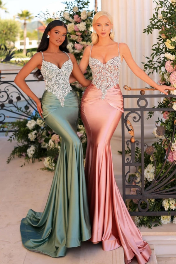 Fabulous Long Green Mermaid Spaghetti Straps Lace Satin Prom Evening Dresses