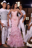 Fabulous Long Pink Mermaid Sleeveless Pearls Prom Dress With Ruffles-misshow.com