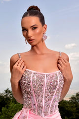 Fabulous Long Pink Mermaid Spaghetti Straps Beading Pearls Satin Prom Evening Dresses with Slit