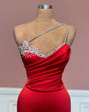 Fabulous Long Red One Shoulder Straps Mermaid Jewels Prom Dress