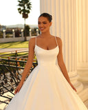 Fabulous Long White A-line Spaghetti Straps Satin Wedding Dress-misshow.com