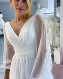 Fabulous Long White A-line V-neck Long Sleeves Glitter Wedding Dress With Slit-misshow.com
