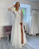 Fabulous Long White A-line V-neck Long Sleeves Glitter Wedding Dress With Slit-misshow.com