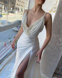 Fabulous Long White V-neck Pearls Sleeveless Prom Dress With Slit-misshow.com