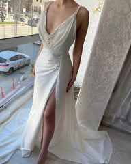 Fabulous Long White V-neck Pearls Sleeveless Prom Dress With Slit-misshow.com