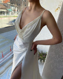 Fabulous Long White V-neck Pearls Sleeveless Prom Dress With Slit-misshow.com