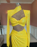 Fabulous Long Yellow Sequined High Neck Long Sleeves Prom Dress With Slit