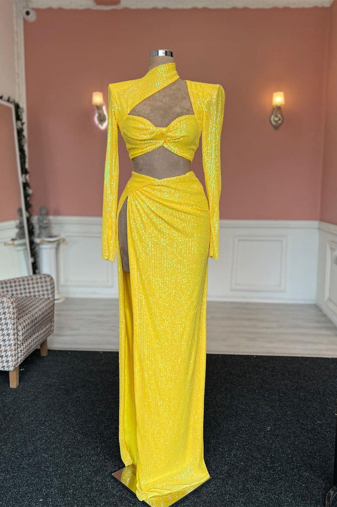 Fabulous Long Yellow Sequined High Neck Long Sleeves Prom Dress With S