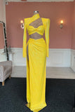 Fabulous Long Yellow Sequined High Neck Long Sleeves Prom Dress With Slit