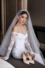 Fabulous Off-the-shoulder Long-Sleeve Mermaid Floor-Length Lace Wedding Dresses with Chapel Train-misshow.com