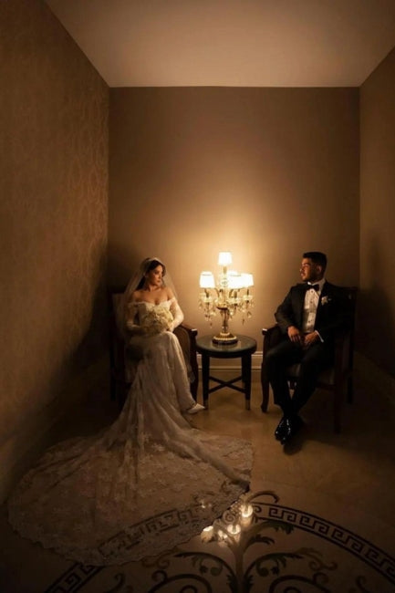 Fabulous Off-the-shoulder Long-Sleeve Mermaid Floor-Length Lace Wedding Dresses with Chapel Train-misshow.com