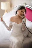 Fabulous Off-the-shoulder Long-Sleeve Mermaid Floor-Length Lace Wedding Dresses with Chapel Train-misshow.com