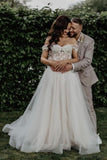 Fabulous Off-the-shoulder Sleeveless A-Line Tulle Wedding Dresses with Appliques-misshow.com