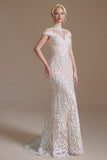 Fabulous Off-the-shoulder Sleeveless Mermaid Floor-Length Lace Wedding Dresses with Pattern-misshow.com