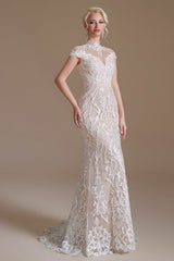 Fabulous Off-the-shoulder Sleeveless Mermaid Floor-Length Lace Wedding Dresses with Pattern-misshow.com