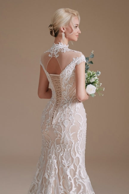 Fabulous Off-the-shoulder Sleeveless Mermaid Floor-Length Lace Wedding Dresses with Pattern-misshow.com