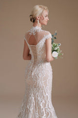 Fabulous Off-the-shoulder Sleeveless Mermaid Floor-Length Lace Wedding Dresses with Pattern-misshow.com