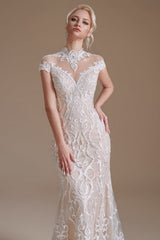 Fabulous Off-the-shoulder Sleeveless Mermaid Floor-Length Lace Wedding Dresses with Pattern-misshow.com