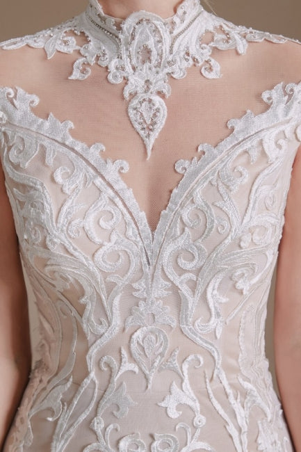 Fabulous Off-the-shoulder Sleeveless Mermaid Floor-Length Lace Wedding Dresses with Pattern-misshow.com