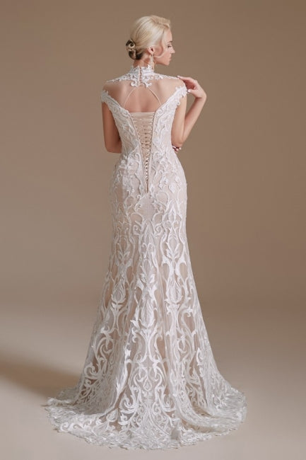 Fabulous Off-the-shoulder Sleeveless Mermaid Floor-Length Lace Wedding Dresses with Pattern-misshow.com