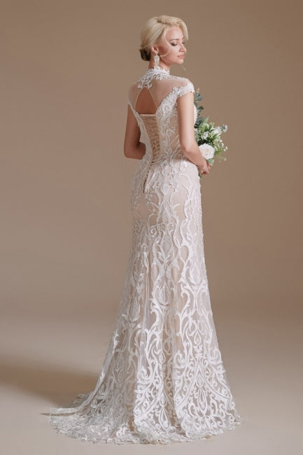 Fabulous Off-the-shoulder Sleeveless Mermaid Floor-Length Lace Wedding Dresses with Pattern-misshow.com