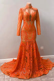 Fabulous Orange Halter Appliques Lace Long Sleeve Mermaid Prom Dresses-misshow.com