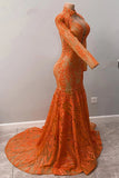 Fabulous Orange Halter Appliques Lace Long Sleeve Mermaid Prom Dresses-misshow.com