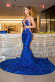 Fabulous Royal Blue Jewel Floor Length Lace Mermaid Prom Dress-misshow.com