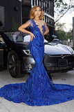 Fabulous Royal Blue Jewel Floor Length Lace Mermaid Prom Dress