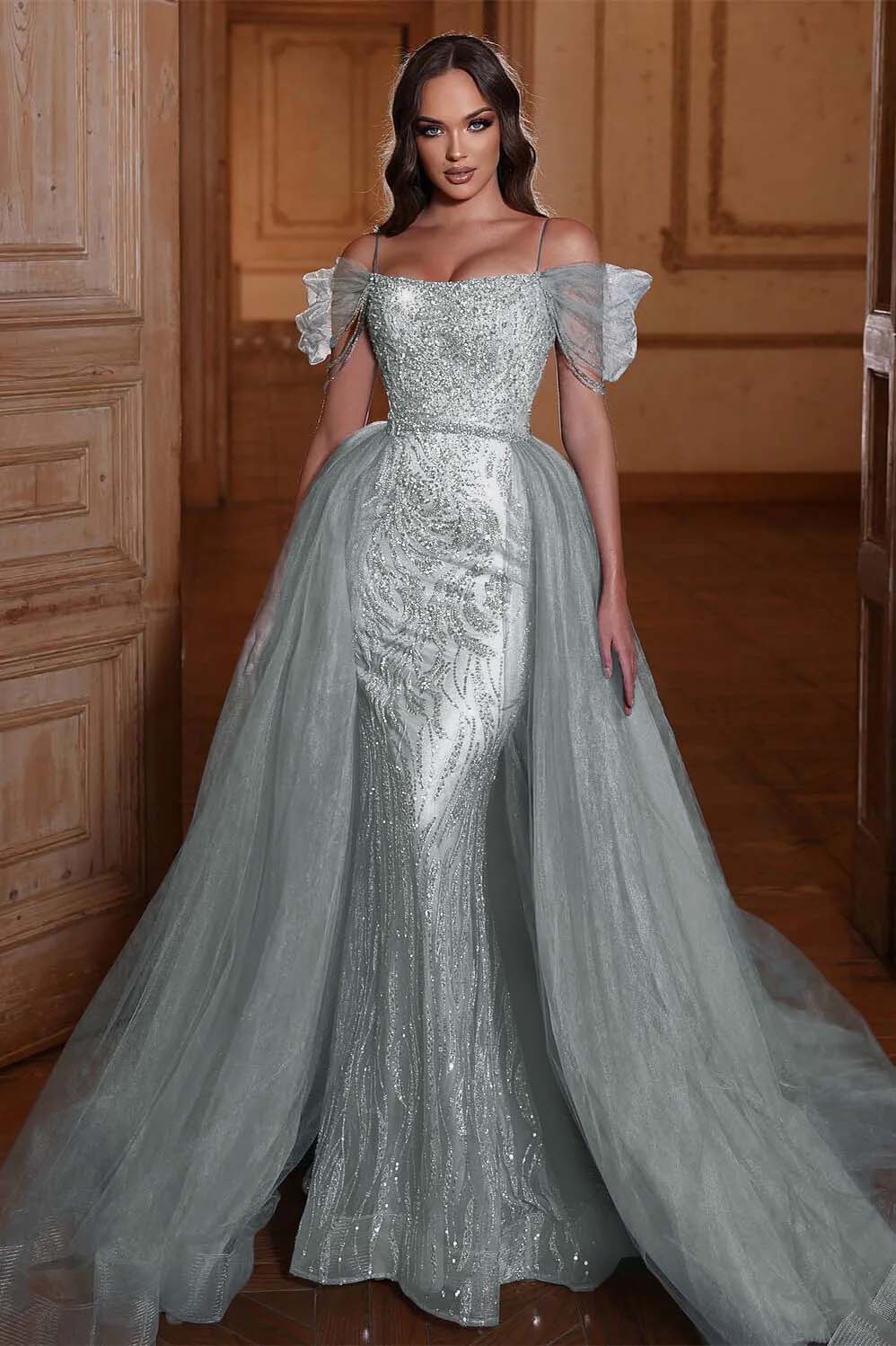 Off the Shoulder Mermaid Formal Dress Tulle Ruffles With Appliques