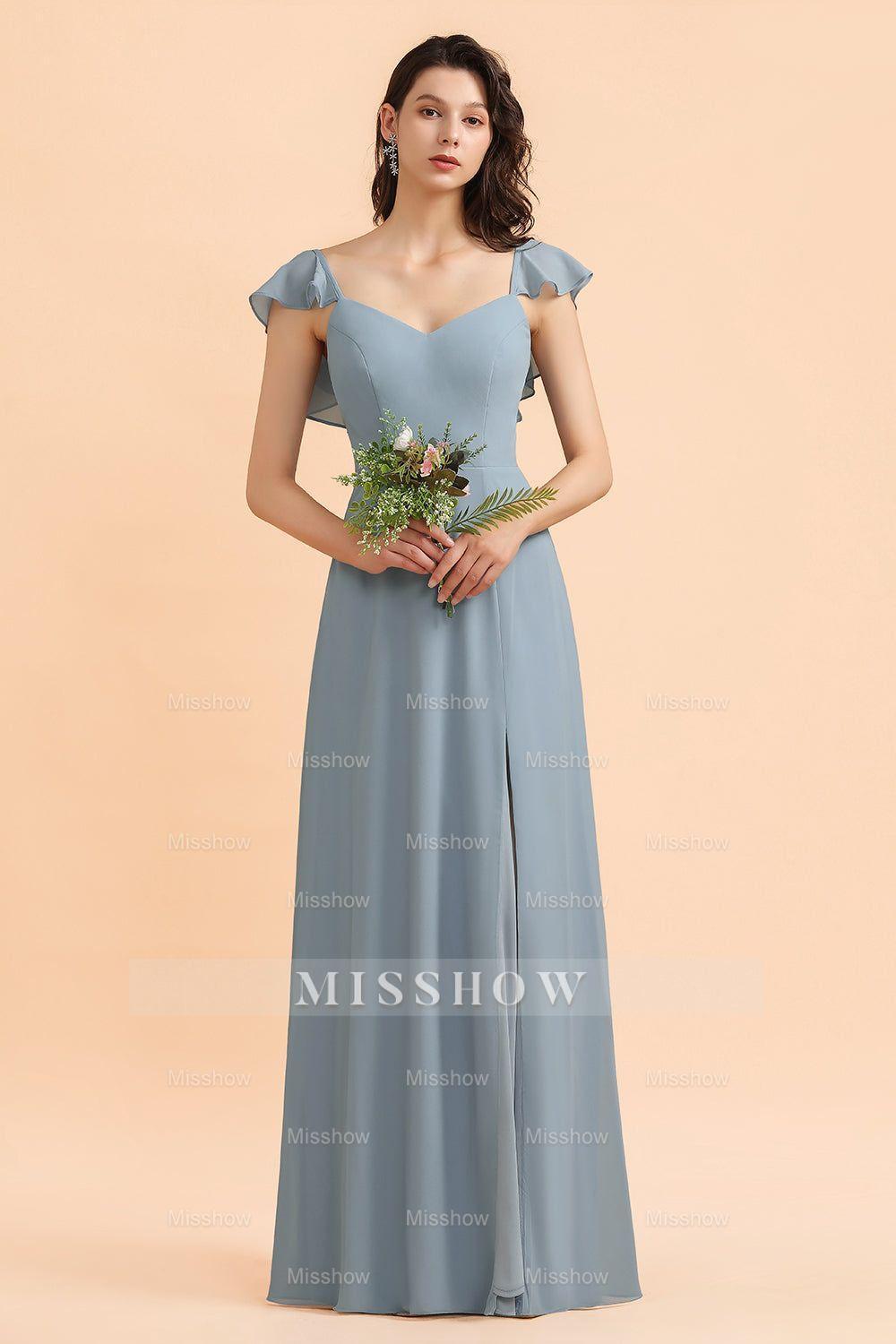 blush and dusty blue bridesmaid dresses BABARONI Chiffon Dusty Blue Bridesmaid Dresses V-neck Floor-length Spaghetti Straps Ruched with Slit Empire, Dusty Blue / US0