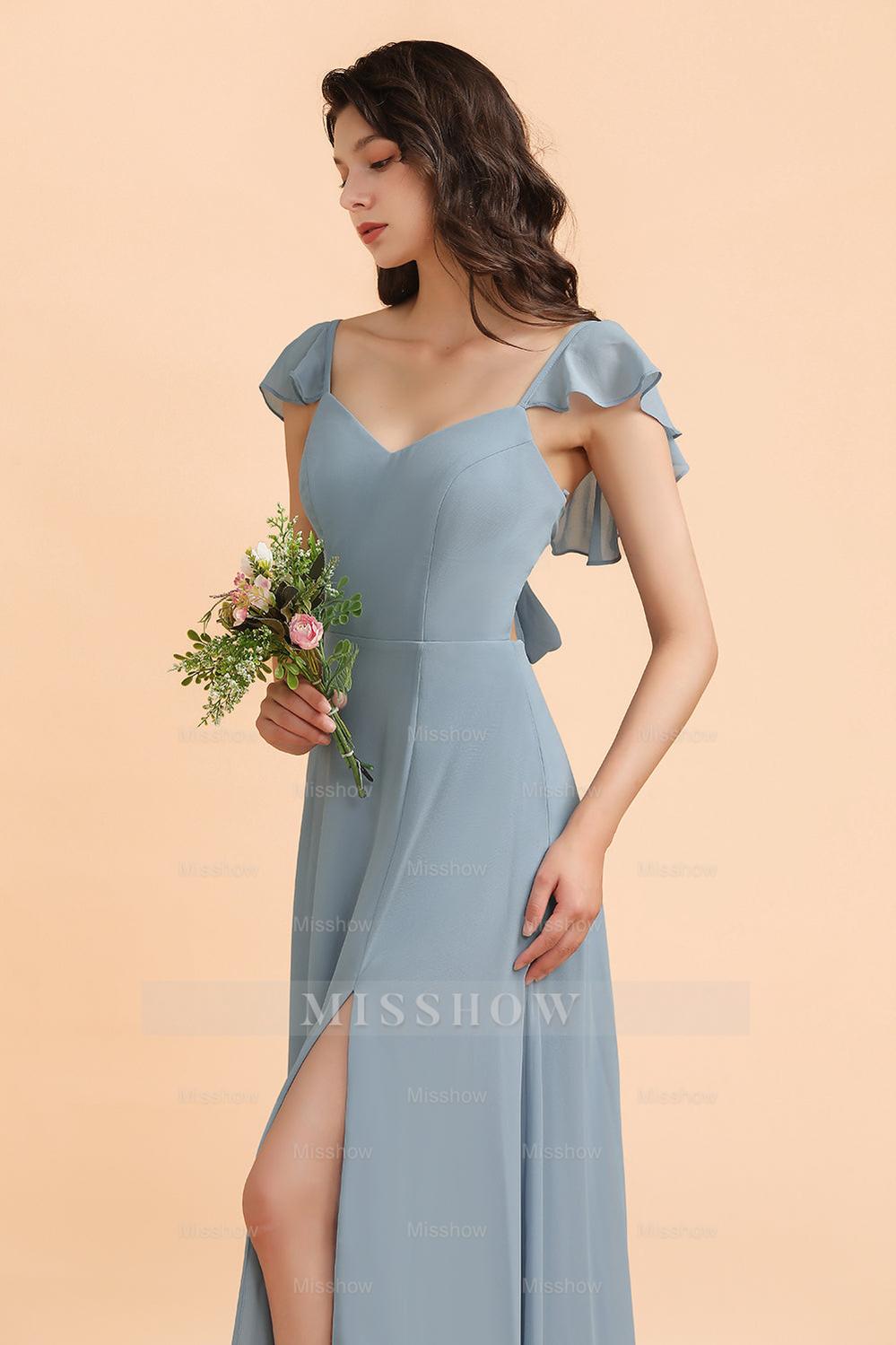 Fashion Dusty Blue Chiffon Sweetheart Slit Bridesmaid Dresses with Ruf misshow.com Fashion Dusty Blue Chiffon Sweetheart Slit Bridesmaid Dresses with Ruf misshow.com