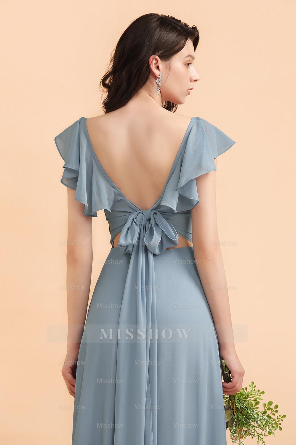 Fashion Dusty Blue Chiffon Sweetheart Slit Bridesmaid Dresses with Ruf misshow.com Fashion Dusty Blue Chiffon Sweetheart Slit Bridesmaid Dresses with Ruf misshow.com