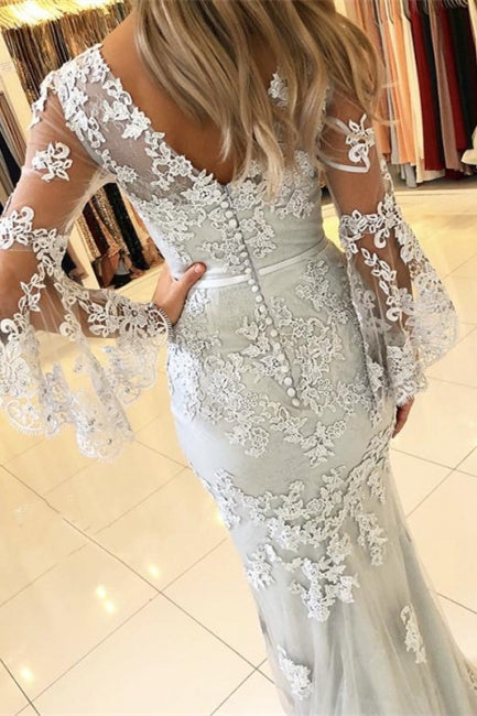 Fashion Evening Dresses Long Lace With Sleeves Floor-Length Evening Wear Prom Dresses-misshow.com