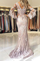 Fashion Evening Dresses Long Lace With Sleeves Floor-Length Evening Wear Prom Evening Dresses-misshow.com
