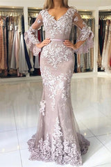 Fashion Evening Dresses Long Lace With Sleeves Floor-Length Evening Wear Prom Evening Dresses-misshow.com