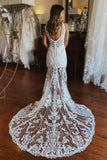 Fashion Spaghetti Straps Lace Mermaid Wedding Gowns With Slit-misshow.com