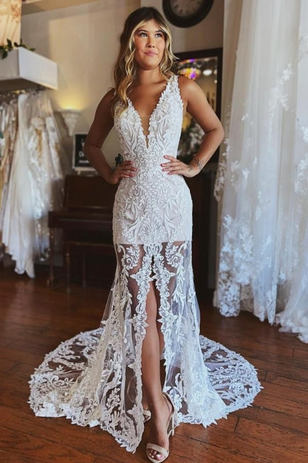 Fashion Spaghetti Straps Lace Mermaid Wedding Gowns With Slit-misshow.com