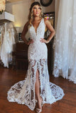 Fashion Spaghetti Straps Lace Mermaid Wedding Gowns With Slit