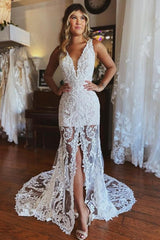 Fashion Spaghetti Straps Lace Mermaid Wedding Gowns With Slit-misshow.com
