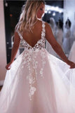 Fashion Straps A-Line Backless V-neck Wedding Dress With Lace-misshow.com