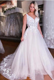 Fashion Straps A-Line Backless V-neck Wedding Dress With Lace