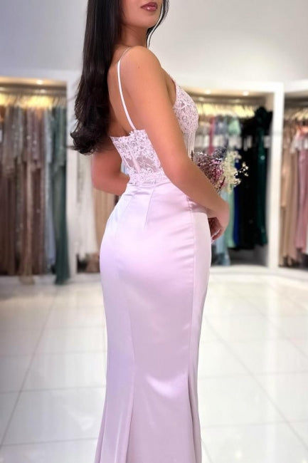 Fashionable Floor Length Mermaid Spaghetti Straps Lace Prom Evening Dresses with Slit