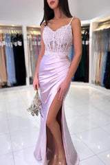Fashionable Floor Length Mermaid Spaghetti Straps Lace Prom Evening Dresses with Slit