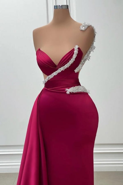 Fashionable Long Burgundy Mermaid One Shoulder Beading Satin Prom Evening Dresses