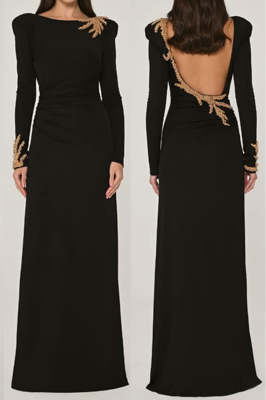 Long Sleeves Long Backless Formal Dress With Appliques Pleated