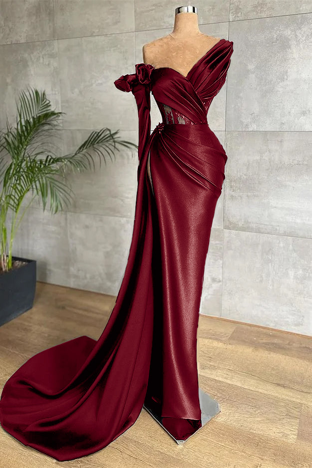 Black One Shoulder Long Sleeve Lace Pleated Long Formal Dress With Side Split