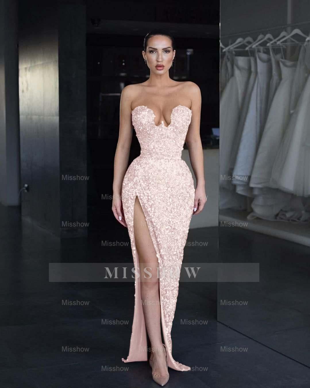 Strapless Sleeveless Long Mermaid Split Formal Dress With Sequins