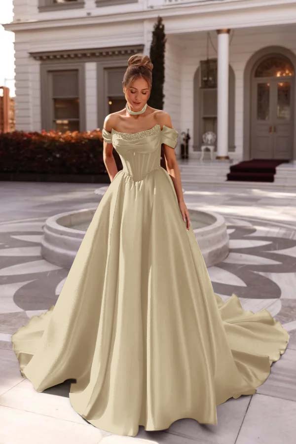 Off the Shoulder Sleeveless Long Formal Dress With Pleated Beading