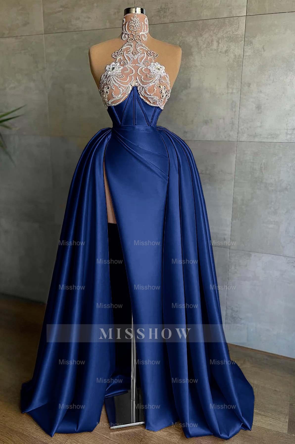 Halter Sleeveless Mermaid Split Long Formal Dress With Appliques